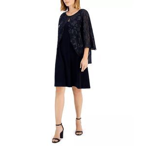 Connected Women's Petite Jacquard Cape Sheath Dress - Navy 6P